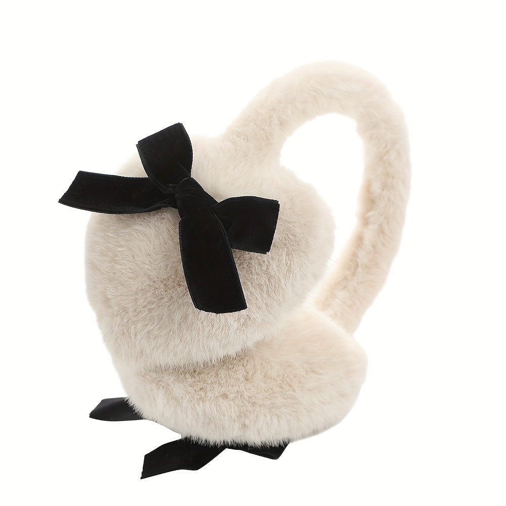 Women's Plush Heart-Shaped Earmuffs with Black Bow Warm Cozy Winter Accessory