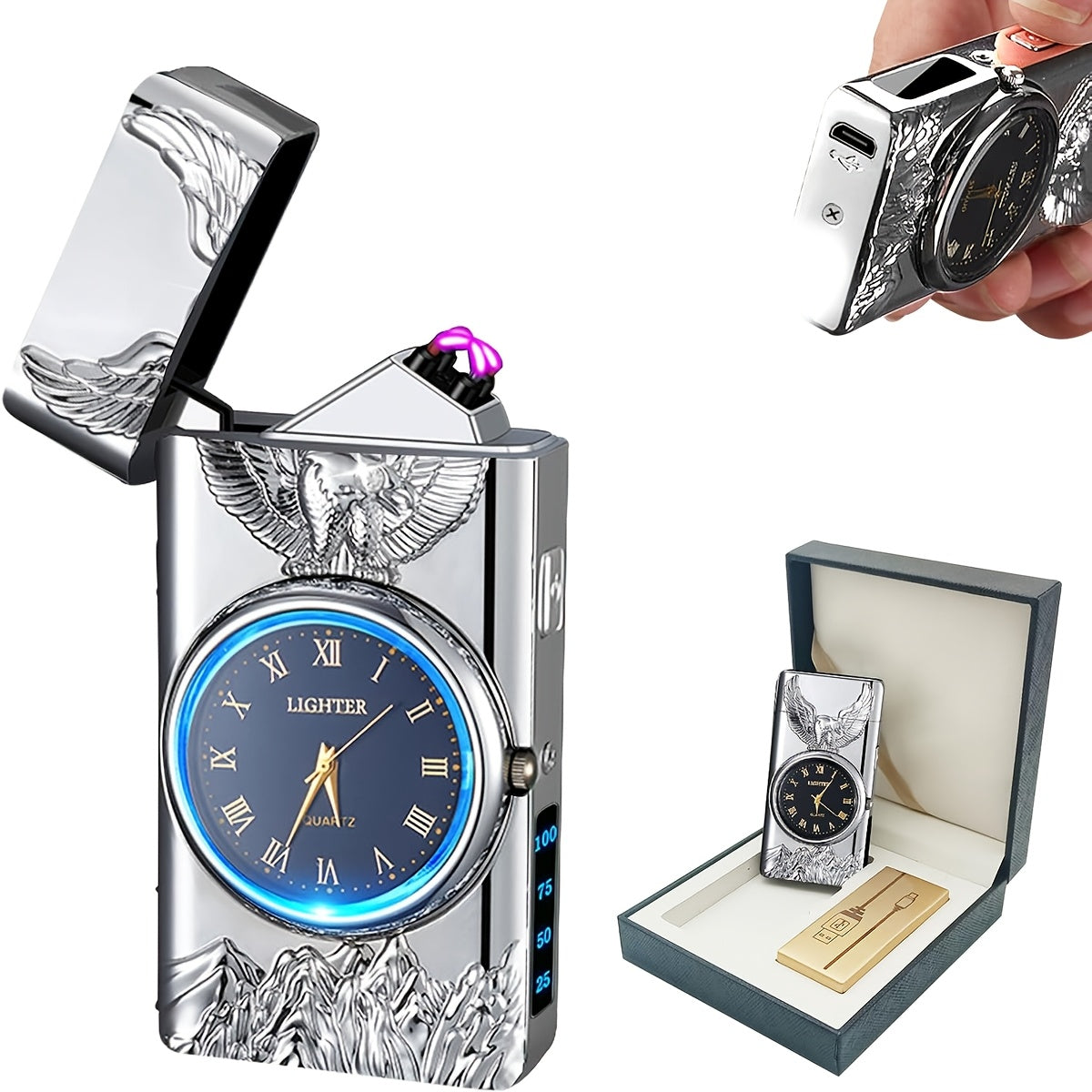 Мужской металлический двойной дуговой зажигалка с голубыми и розовыми акцентами для кемпинга