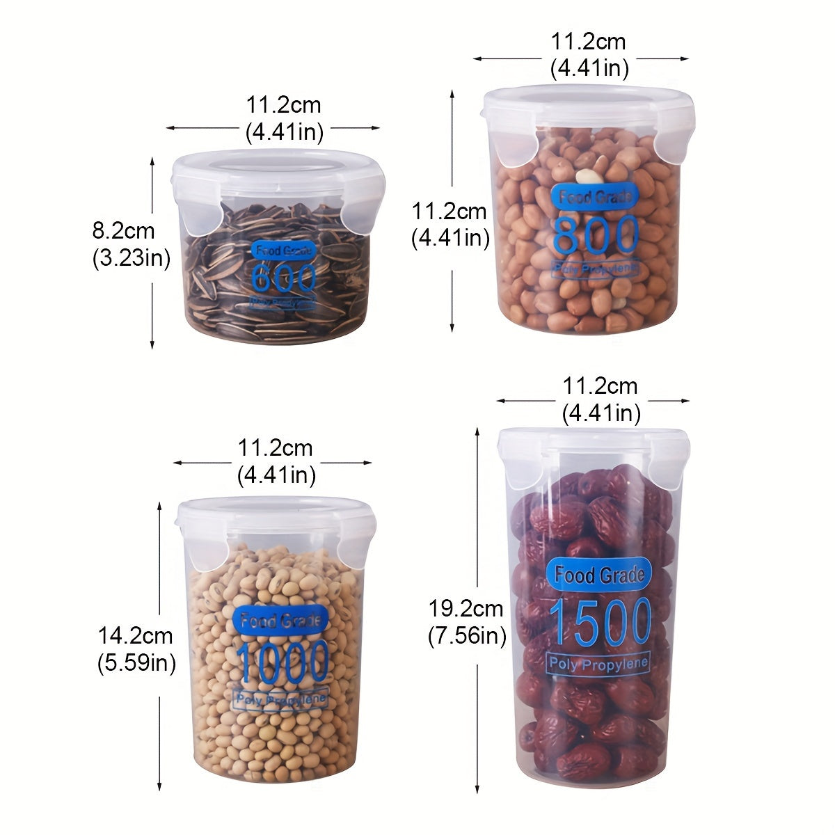 Set of 4 Clear Plastic Airtight Food Storage Containers with Lids for Cereal Rice Pasta Flour Sugar