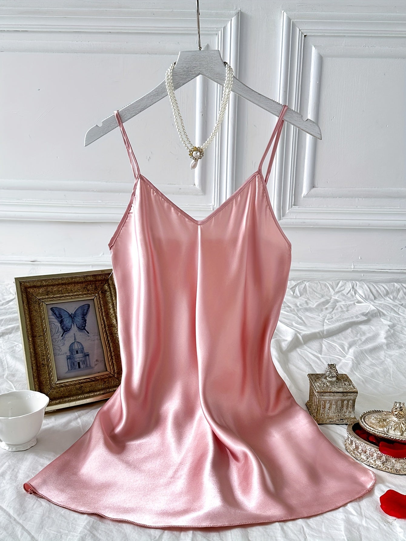 Red Satin Nightgown for Women V-Neck Backless Slip All-Season Polyester