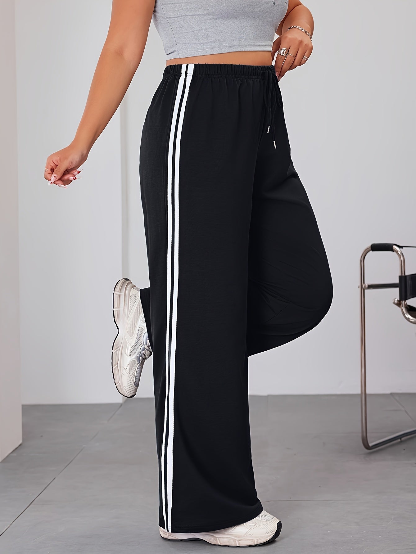 Pantalones anchos de talla grande con rayas laterales, joggers casuales, elásticos, para todas las estaciones