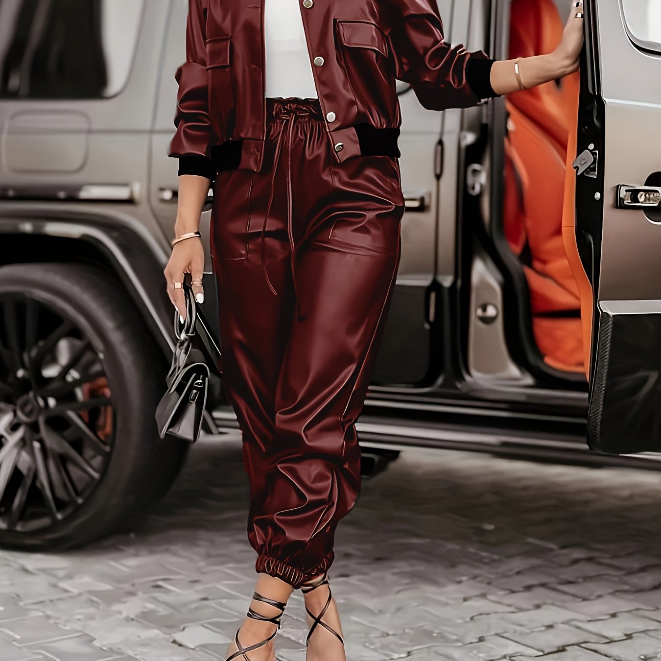 Conjunto de chaqueta de cuero para mujer con bolsillos, casual, primavera y otoño, cuero PU, color sólido