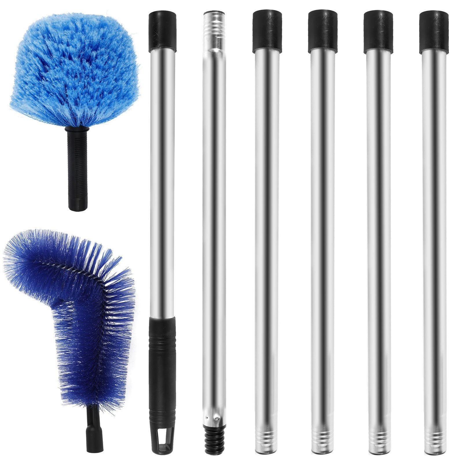 Синий набор для чистки паутины с выдвижной нержавеющей стальной штангой, щетка для паутины, средней жесткости, не требует электричества, многофункциональный инструмент для уборки дома для потолочных вентиляторов и мебели.