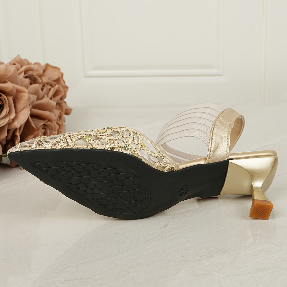 Women Lace-Up Pointed Toe High Heels with Sequin Embellishments