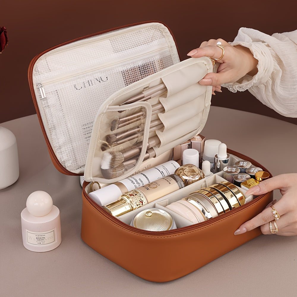 Bolsa de maquillaje impermeable unisex con compartimentos para cosméticos y artículos de aseo en beige y rosa