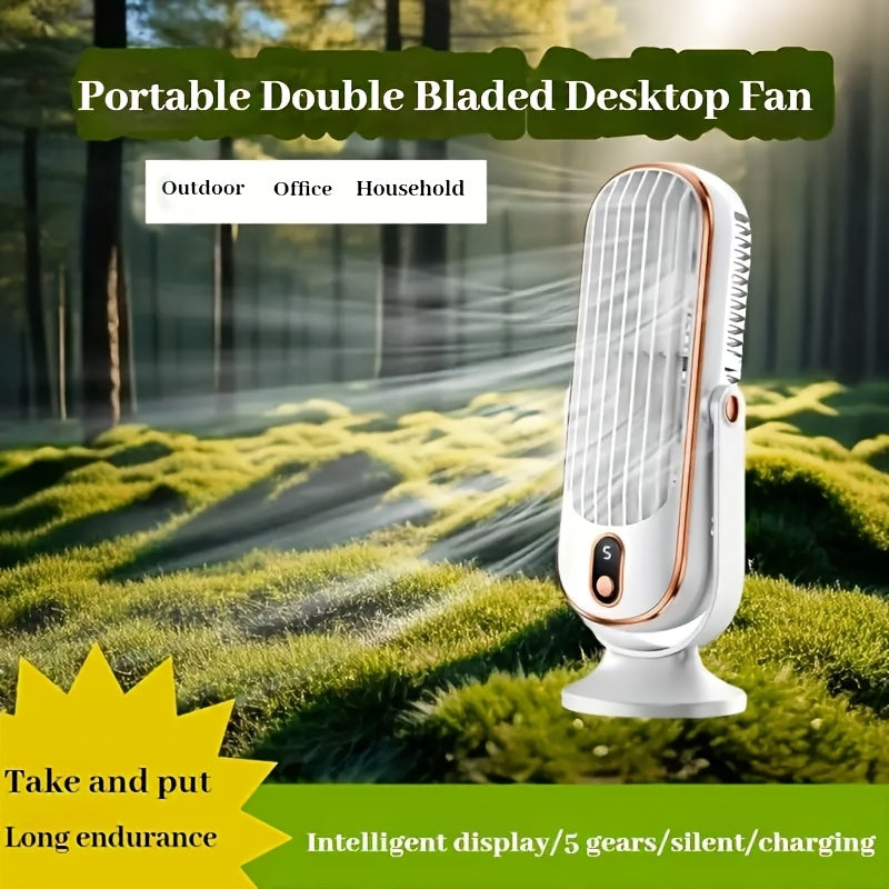Portable Mini Fan with Digital Display, 5-Speed, USB Rechargeable for Travel and Office