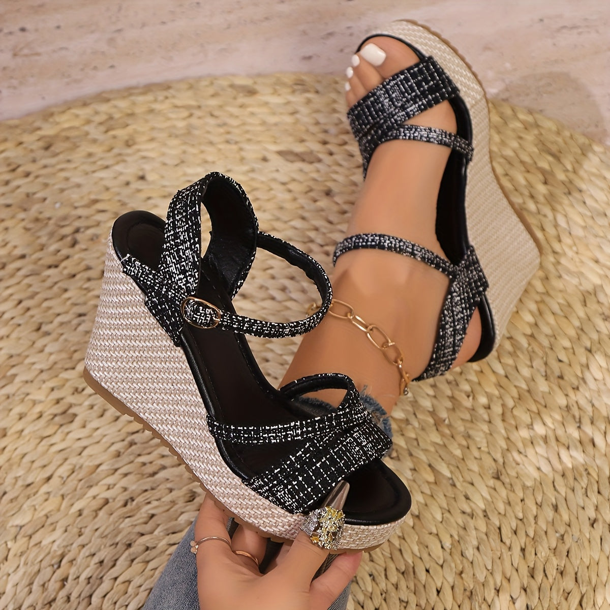 Women's Wedge Sandals Open Toe Platform Heel Buckle Strap Fabric Comfortable