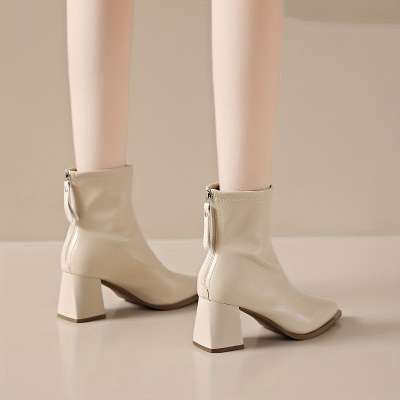 Women's Faux Mid-Calf Boots, Pointed Toe, Chunky Heel, Zipper
