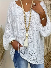 Plus Size White V-Neck Long Sleeve Knit Top with Floral Cut-Out Design for Summer