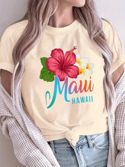 Women's Plus Size Loose Fit Hibiscus Floral T-Shirt Polyester Breathable Summer