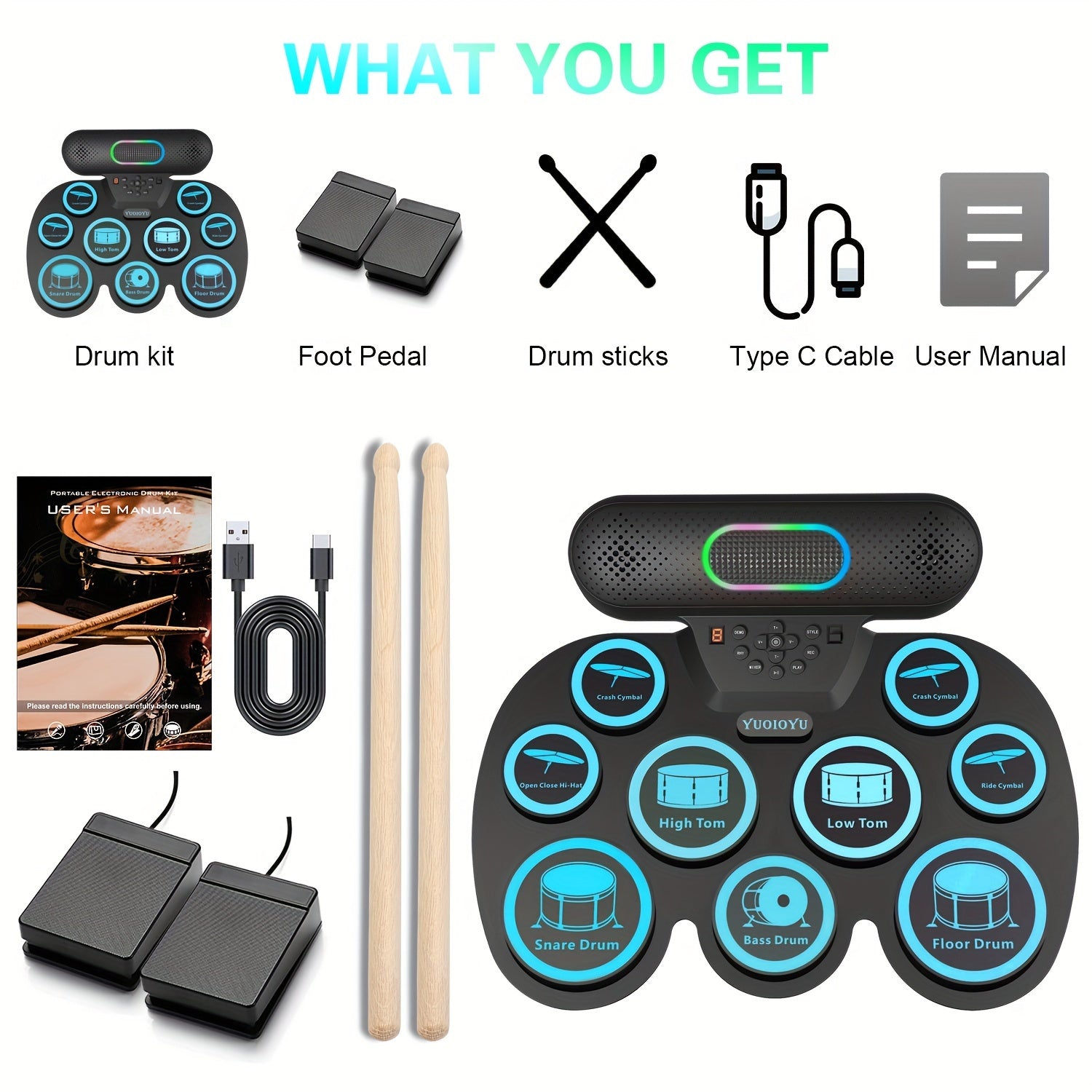 Foldable Silicone Electronic Drum Set with Dual Speakers and USB Charging for Beginners