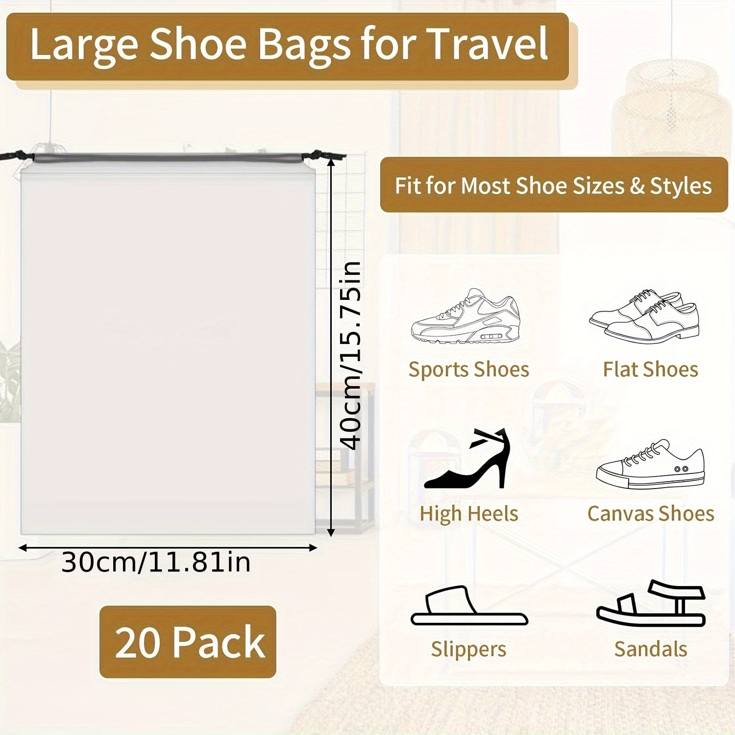 Travel Shoe Bags for Men and Women, Clear, Large, Drawstring Storage, 39.88cm x 29.97cm