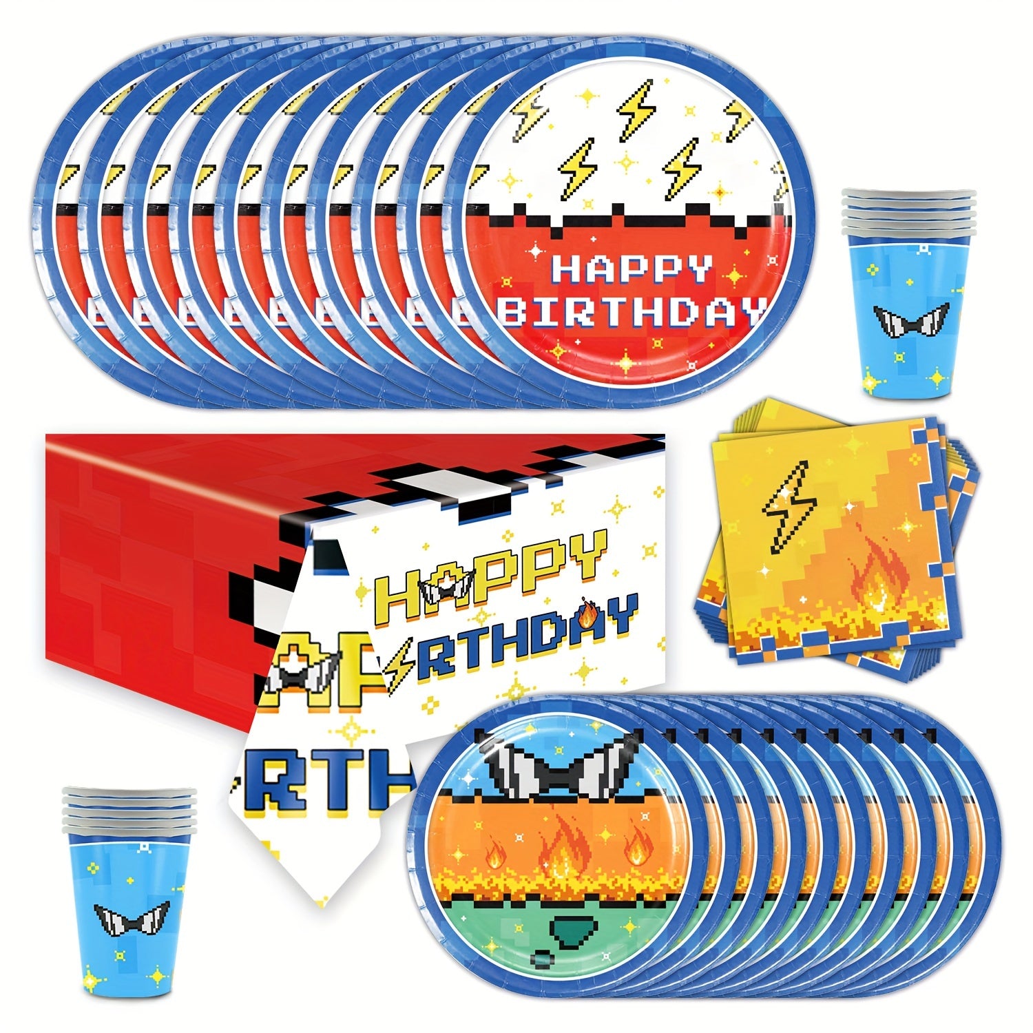 12 mehmon uchun bir martalik partiya pichoqlari to'plami, multfilm piksel mavzusi plitalar, stakanlar, salfetkalar va stol qoplamlari bilan