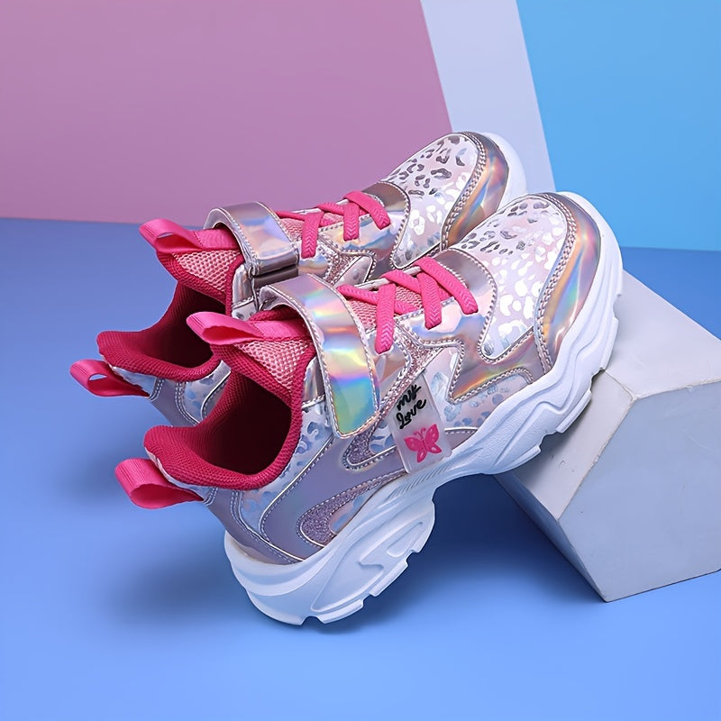 Girls' Casual Sports Shoes for Kids Lightweight Canvas Sneakers with Glitter and Cartoon Pattern