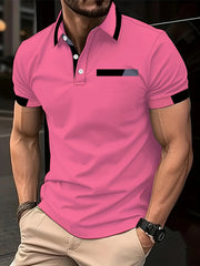 Men's Short Sleeve Bright Pink Shirt with Black and White Collar for Summer Outdoor Activities