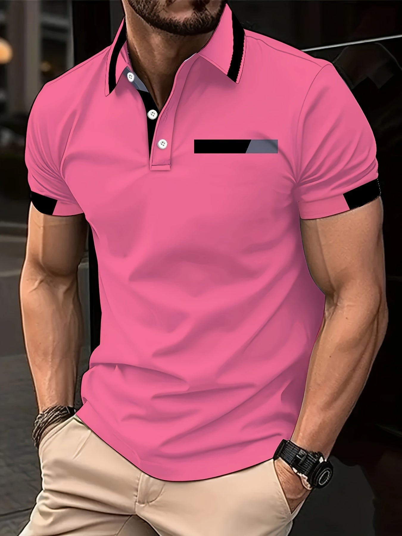 Men's Short Sleeve Bright Pink Shirt with Black and White Collar for Summer Outdoor Activities