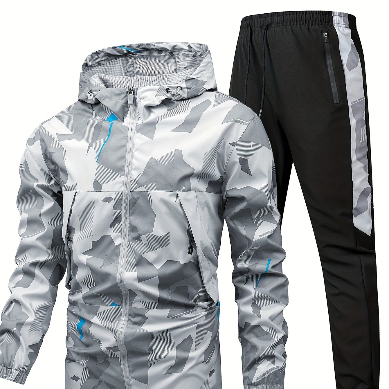 Men's Camo Long Sleeve Hooded Sports Outfit with Casual Pants