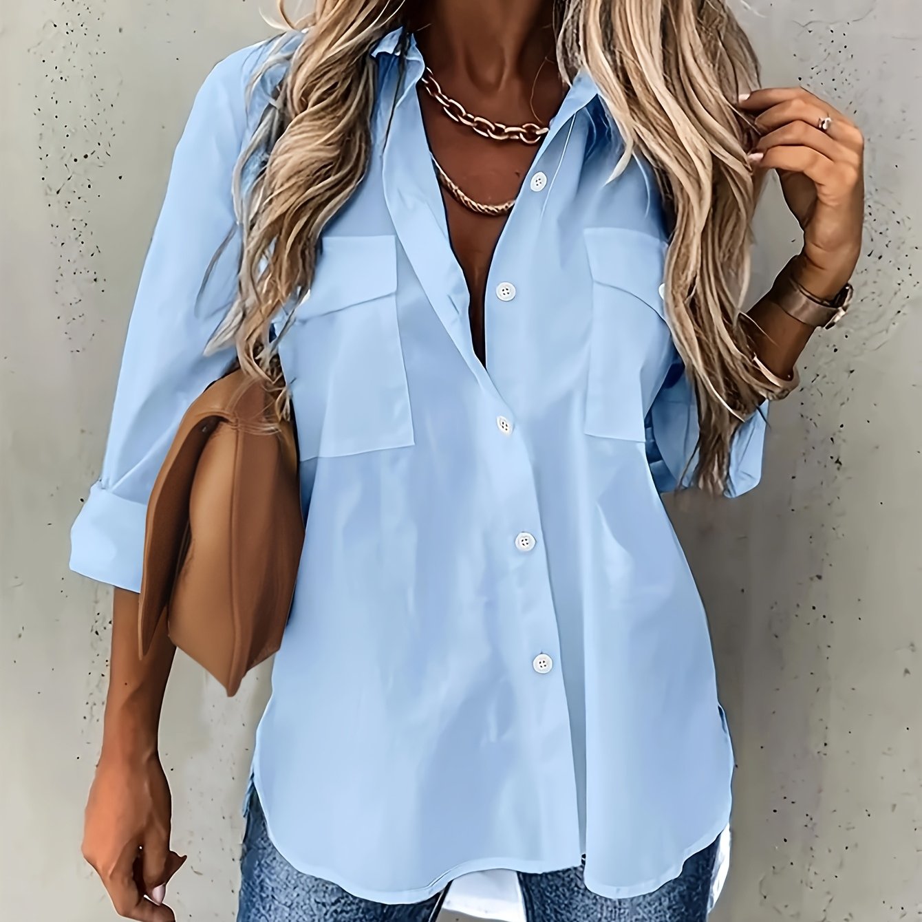 Plus Size Women's Chambray Short Sleeve Button-Up Shirt Casual Office Wear