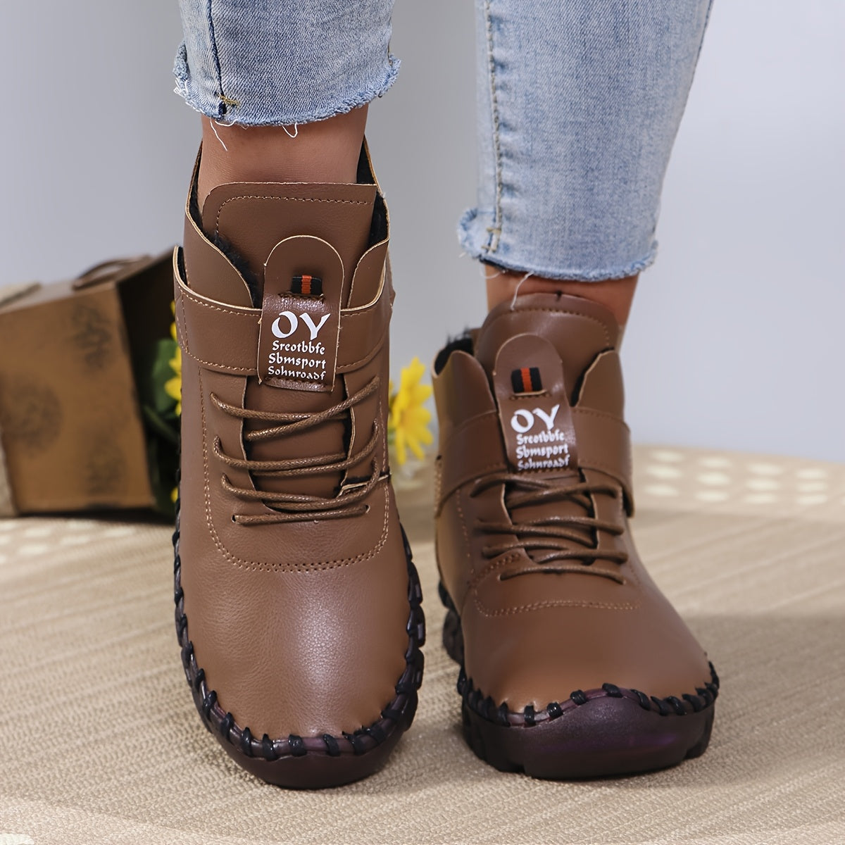 Women's White Brown Casual Mid-Top Shoes Faux Cover Fluffy Lining
