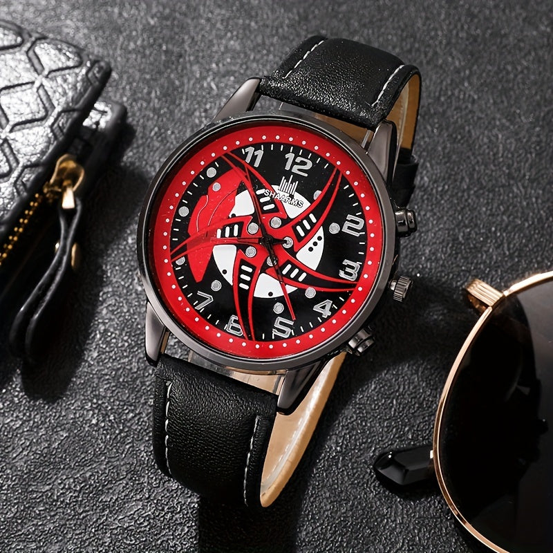 Men's Red Black Quartz Leather Watch and Bead Bracelet Set Gift for Him
