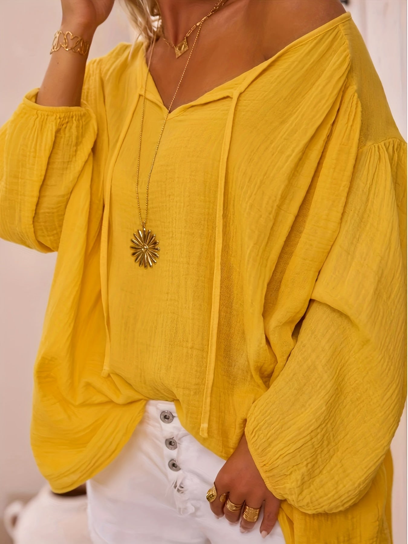 Women's V-Neck Blouse Long Sleeve Solid Color All-Season Top