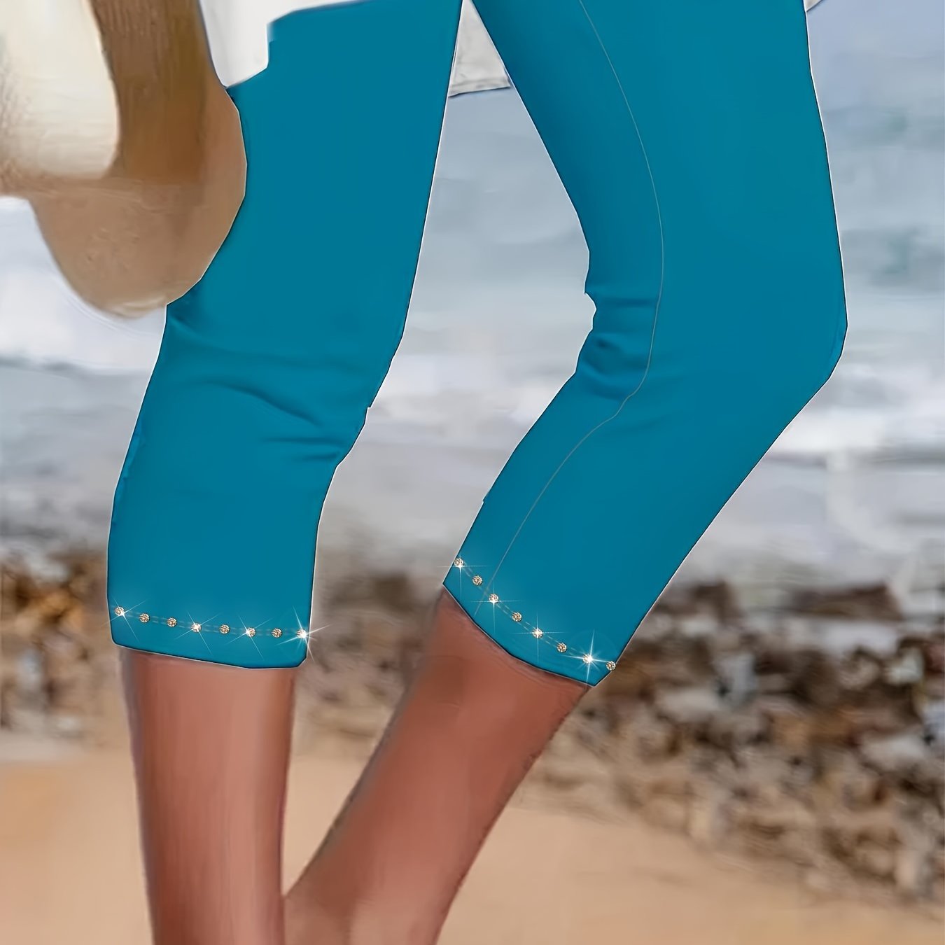 Plus Size Rhinestone Decor Capri Leggings High Waist Stretchy Spring Summer Women