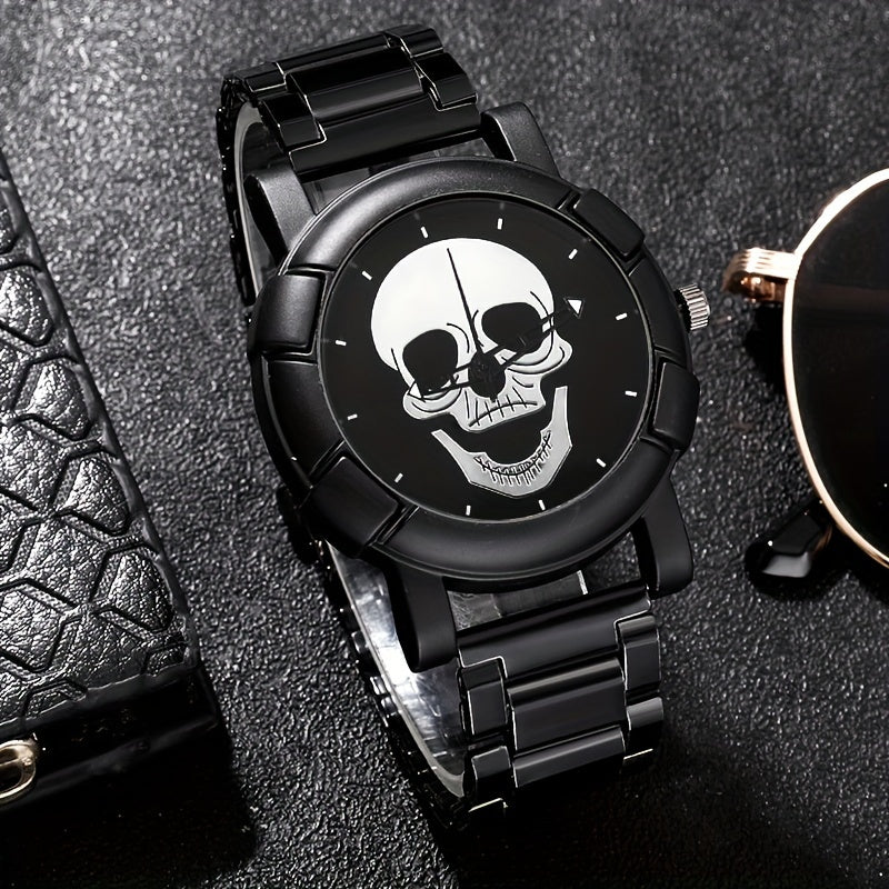 Men's Quartz Wristwatch and Bracelet Set with Skull Dial and Leather Band
