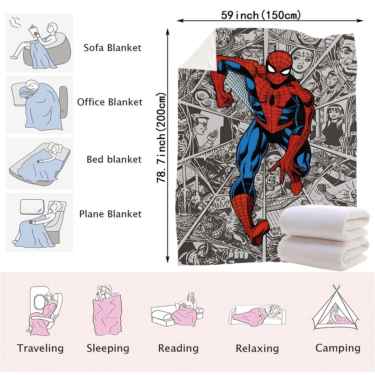 Multifunctional Plush Blanket with Spider-Man City Chase Comic Pattern for Kids and Adults