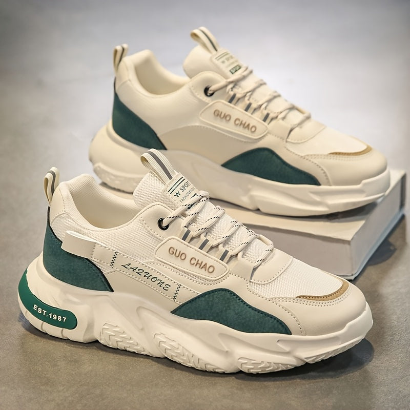Men's Solid Color Chunky Sneakers Non-Slip Lace-Up Casual Running Shoes