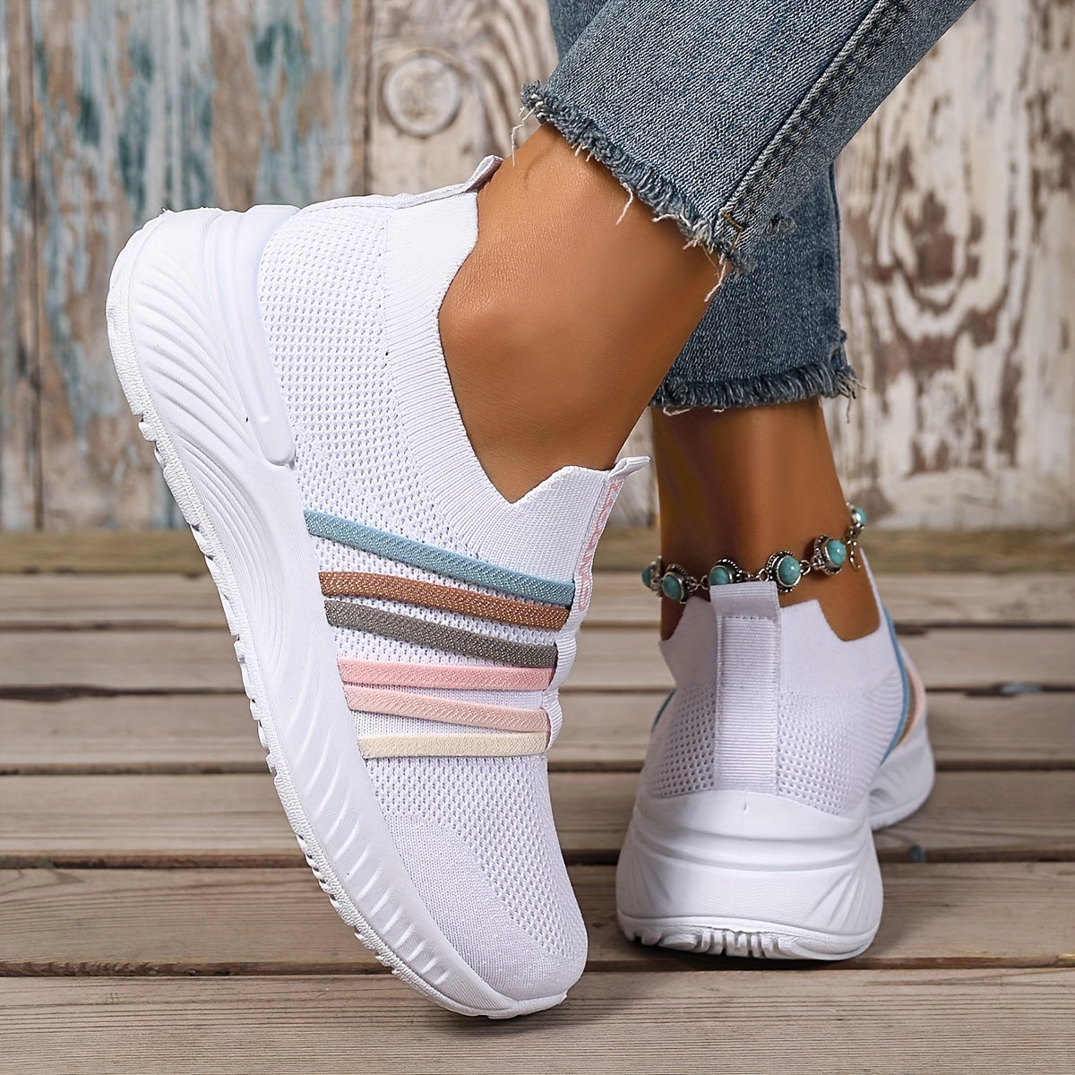 Women's Slip-On Sneakers White and Black Casual Shoes for Summer and Travel