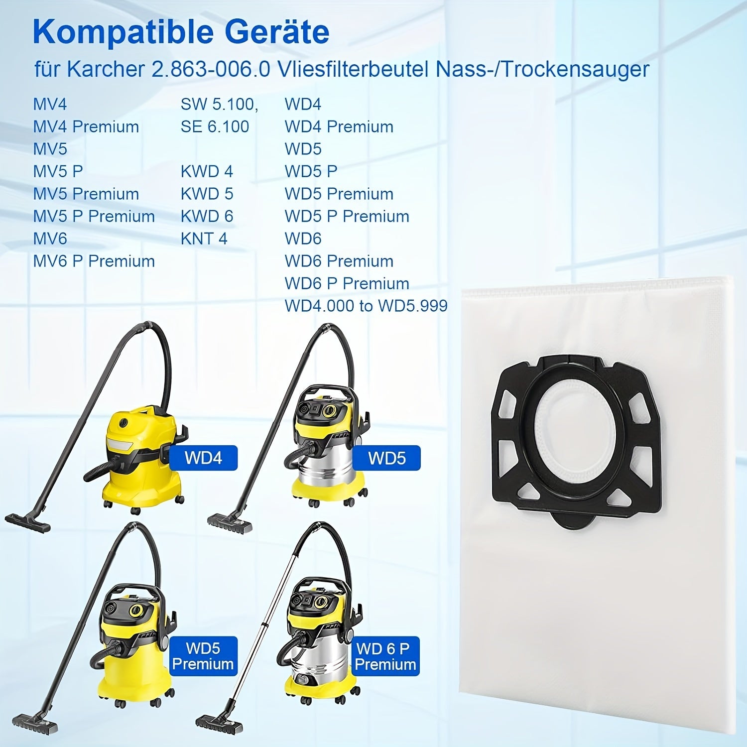Karcher WD seriyali modellari bilan mos 2 yoki 10 Mellbree changyutgich sumkasi - samarali changni oldini olish va so'rish sifatini yaxshilash uchun yuqori sifatli to'qilmagan filtr sumkalari.