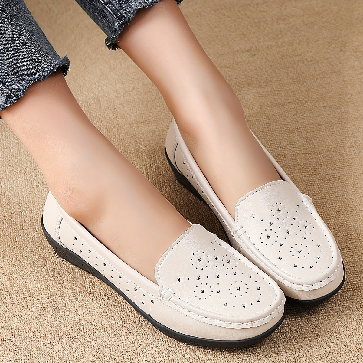 Women Beige Slip-On Loafers with Perforated Design, Wedge Heel, Breathable Synthetic