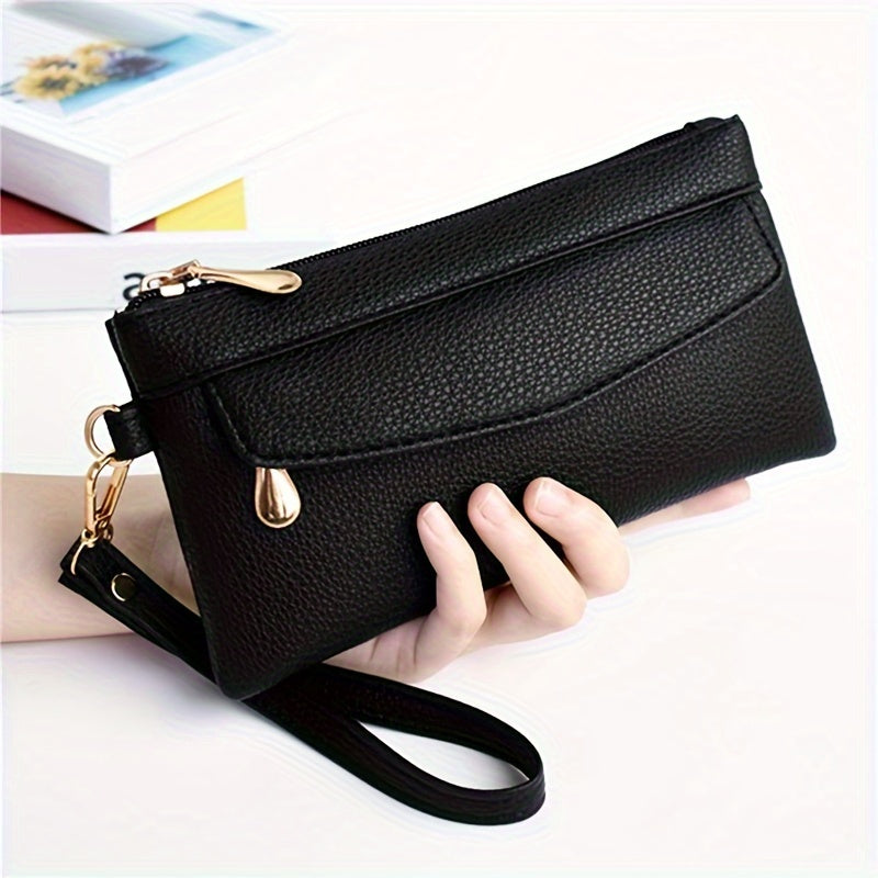 Black Zipper Wristlet Clutch Bag with Multiple Compartments for Women