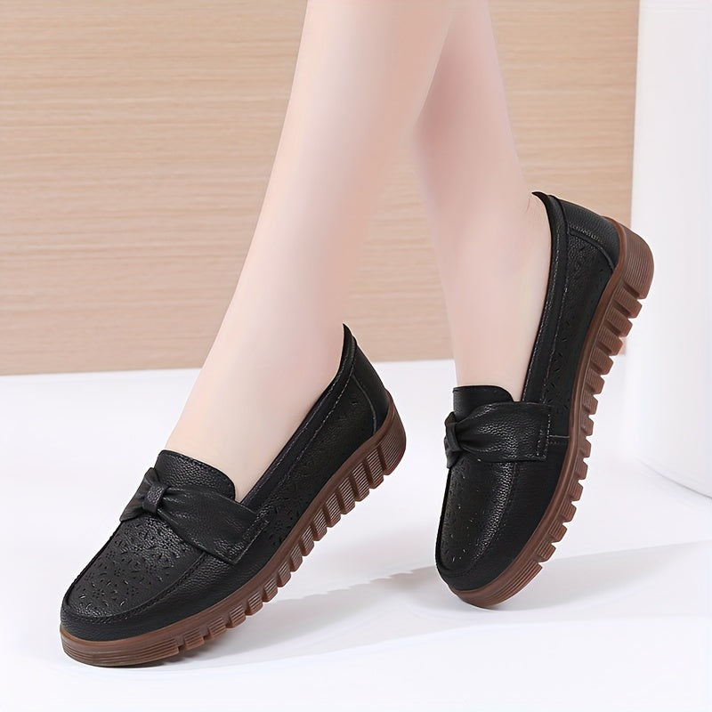 Women's Breathable Closed Toe Flat Shoes with Hollow Out Design and Bow