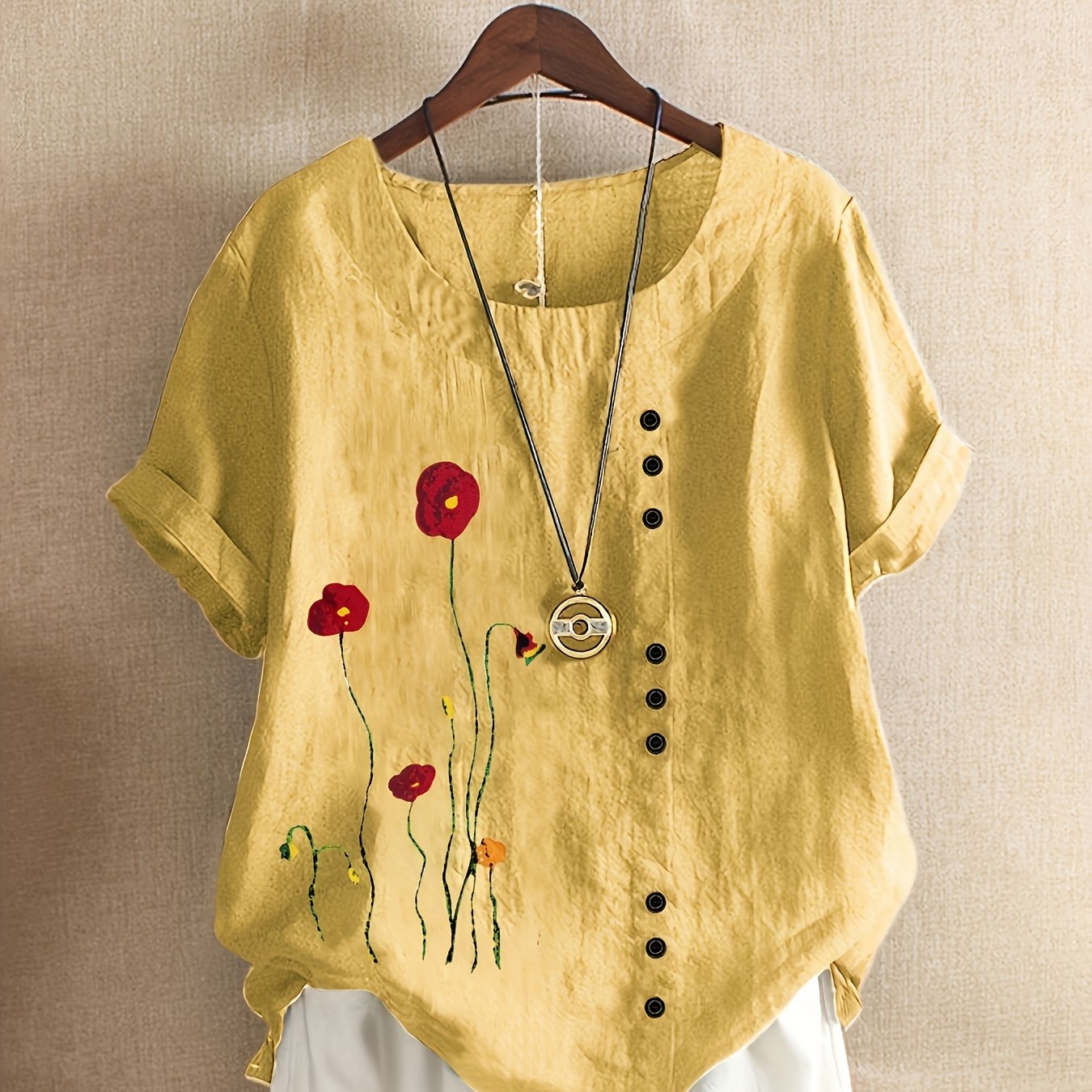 Plus Size Floral Print Blouse Soft Polyester Blend Short Sleeve Casual Top for Women