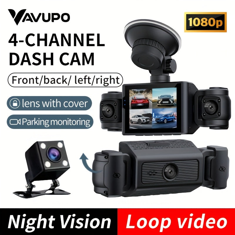4-kanalli HD 1080P Dash Cam to'plami keng burchakli linza bilan, kechqurun ko'rish, aylantiriladigan yozuv, G-sensor bilan qora rangda