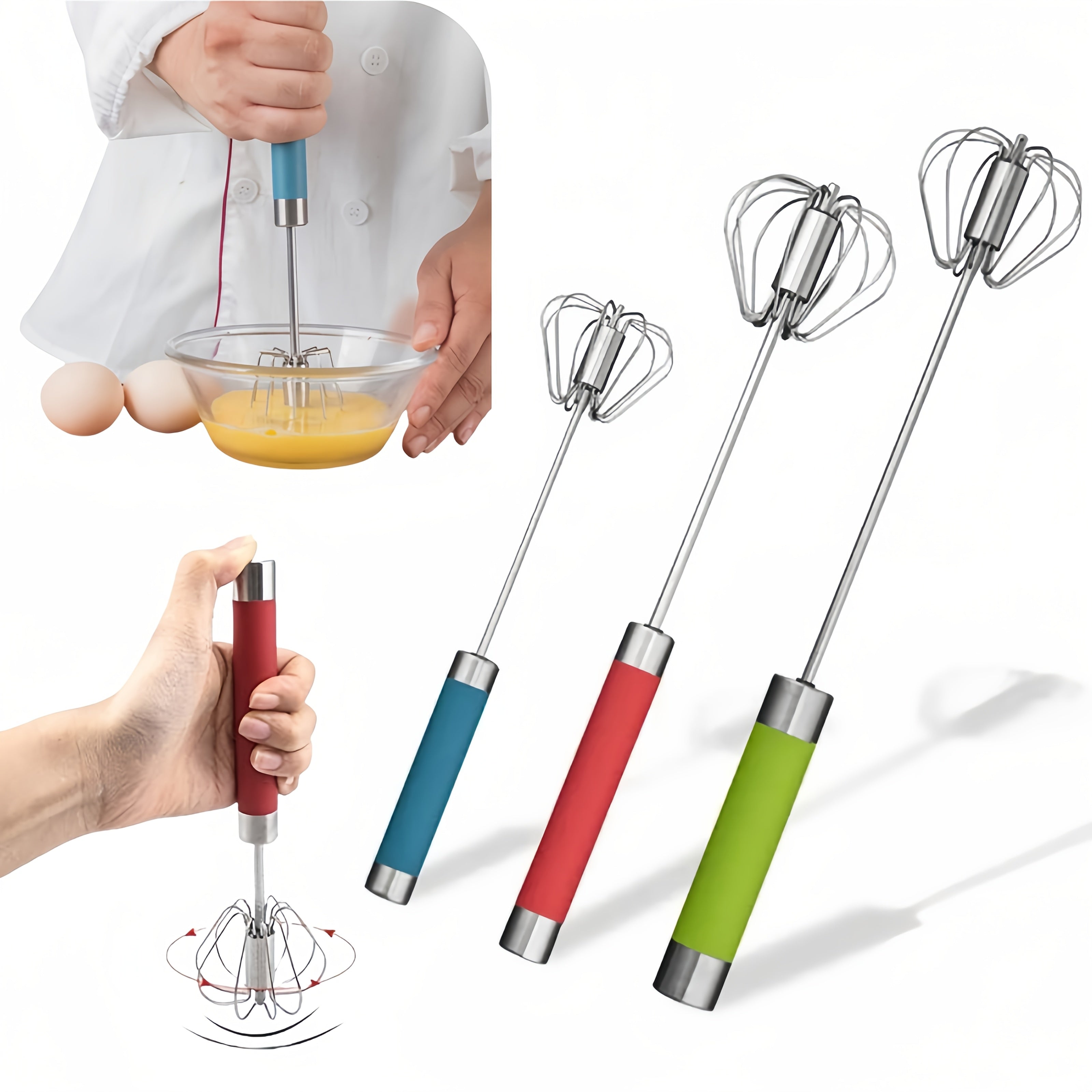 Stainless Steel Manual Egg Beater with Rotating Mixer for Pancakes and Eggs