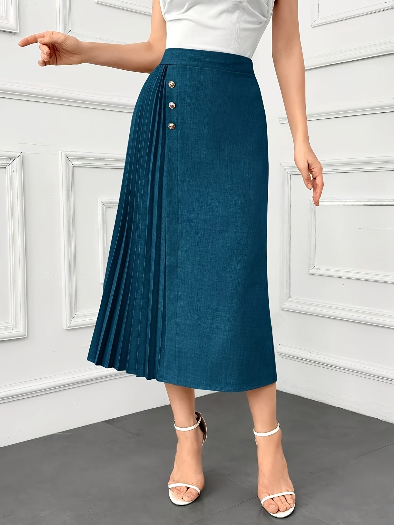 Plus Size Dark Blue Pleated Midi Skirt Ruffled Hem Belted Waist