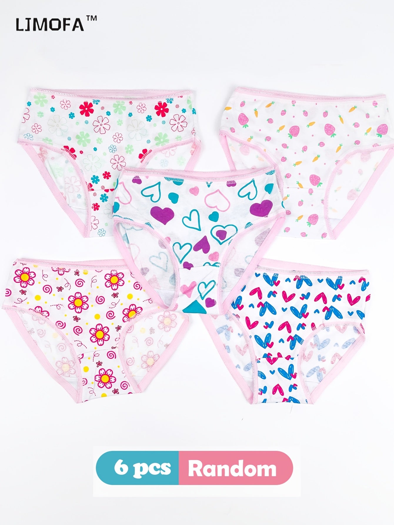 Girls Cotton Panties Set 6 Pairs Floral Love Pattern Breathable Lace Briefs