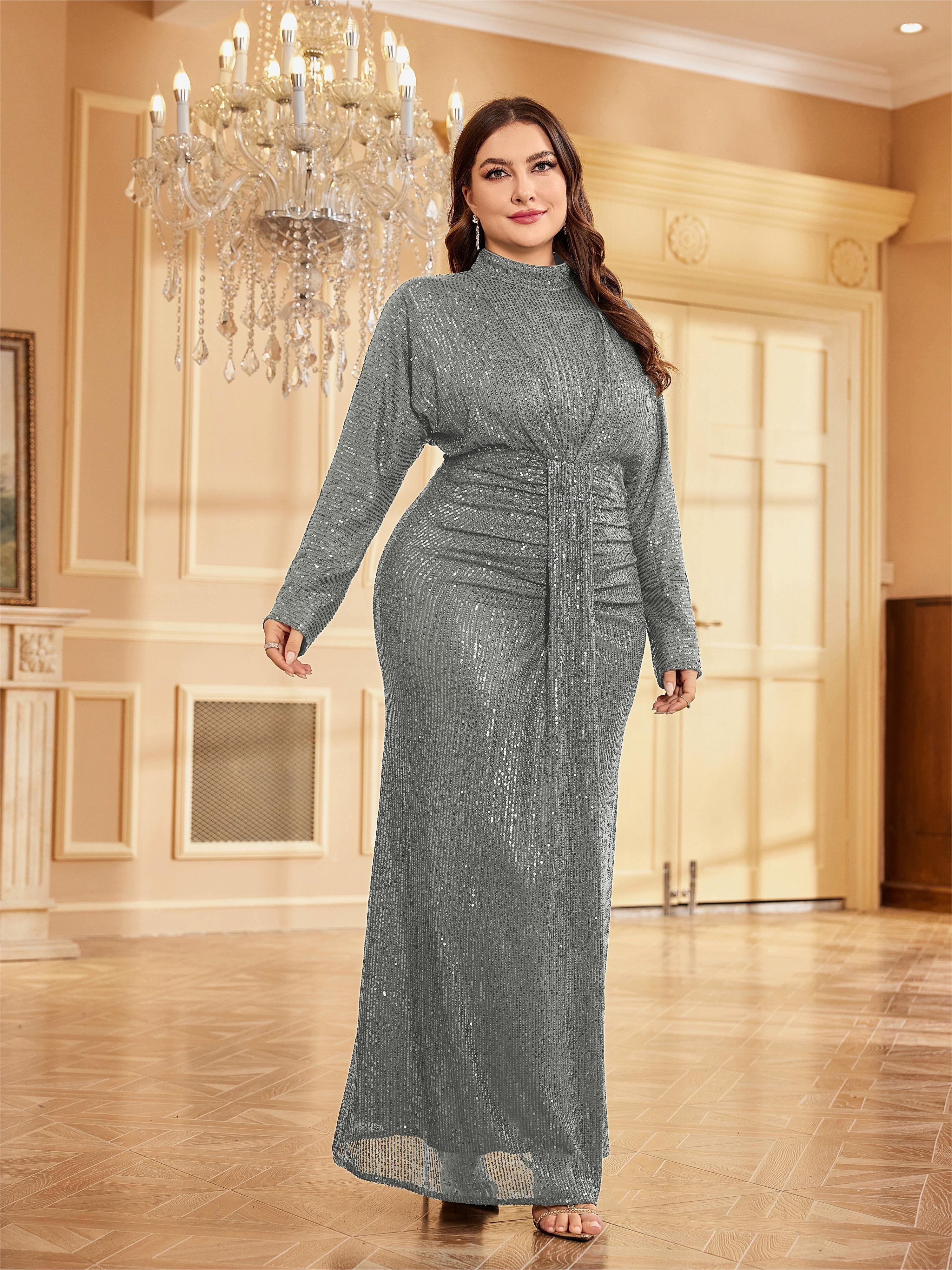 Women's Plus Size Sequined Cinched Waist Long Sleeve Dress for Party