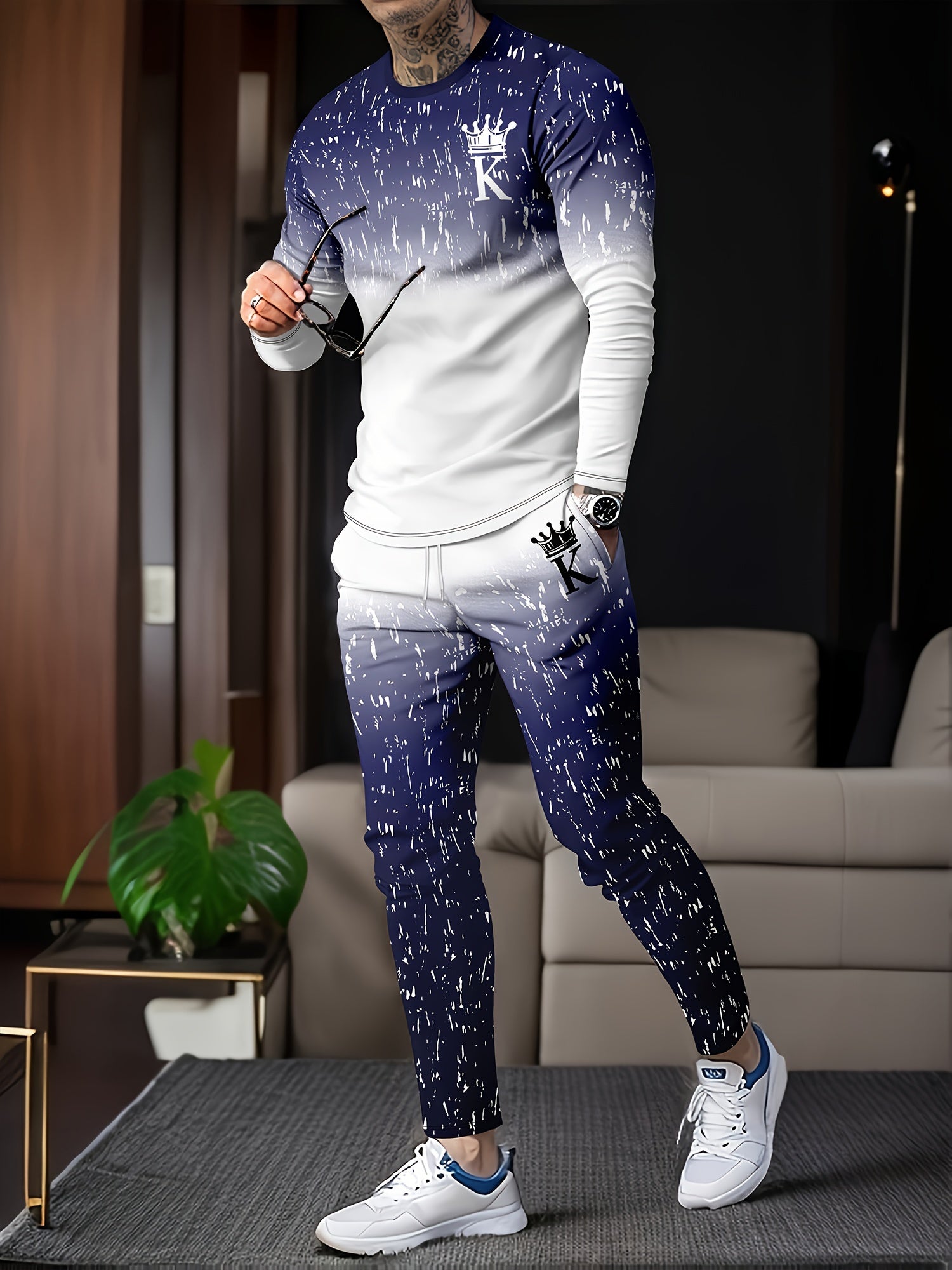 Men's Geometric Pattern Polyester Lounge Pajama Set with Sweatshirts and Jogger Pants