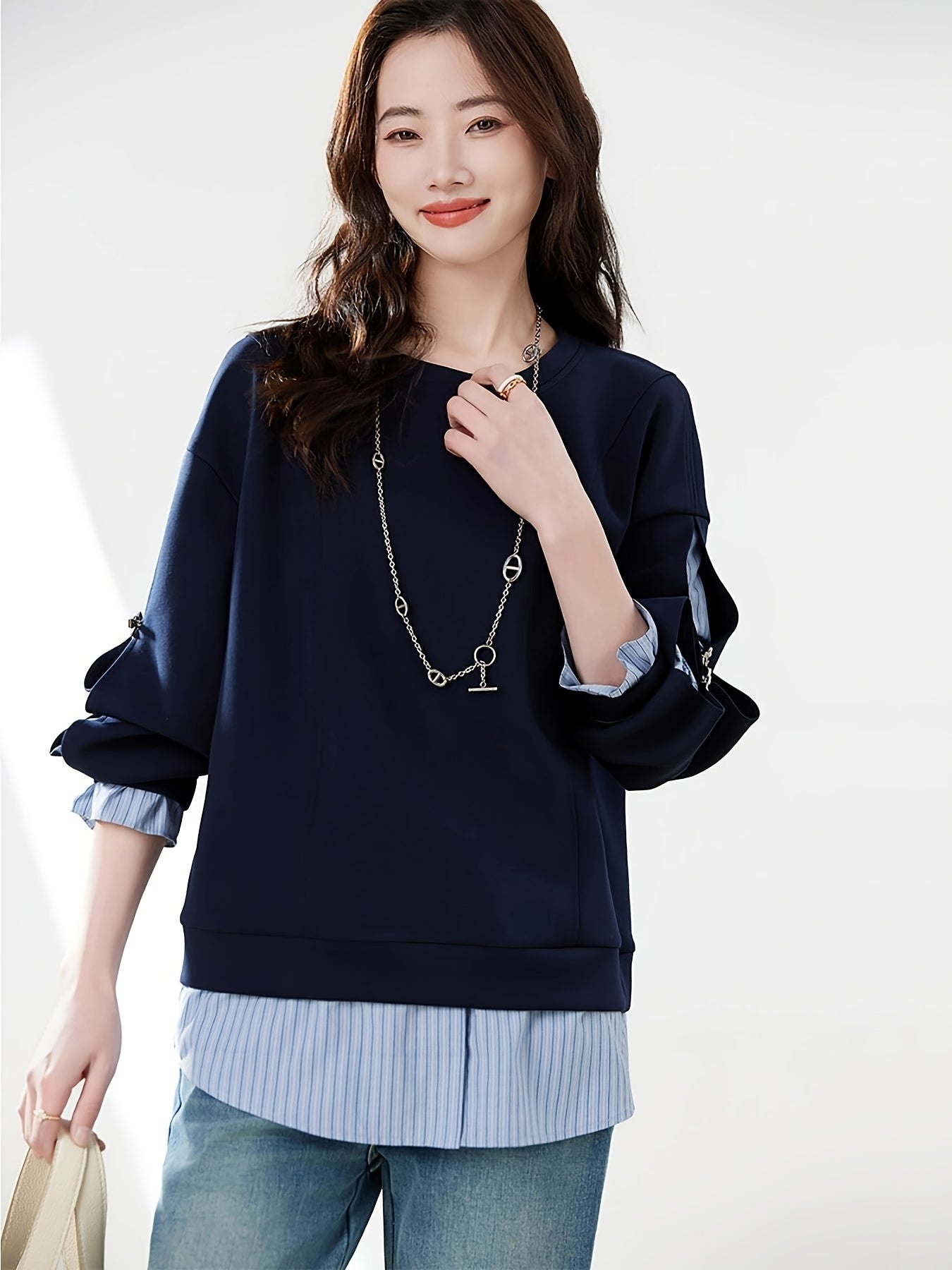 Women's Navy Blue Floral Sweater Rayon Blend Loose-Fit Pullover