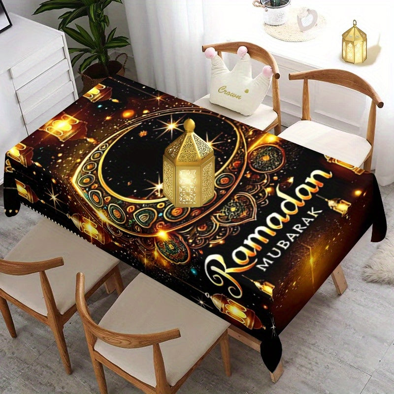 Elegant Ramadan Mubarak Square Polyester Tablecloth with Ethnic Moon Print for Eid Celebrations and Home Decor