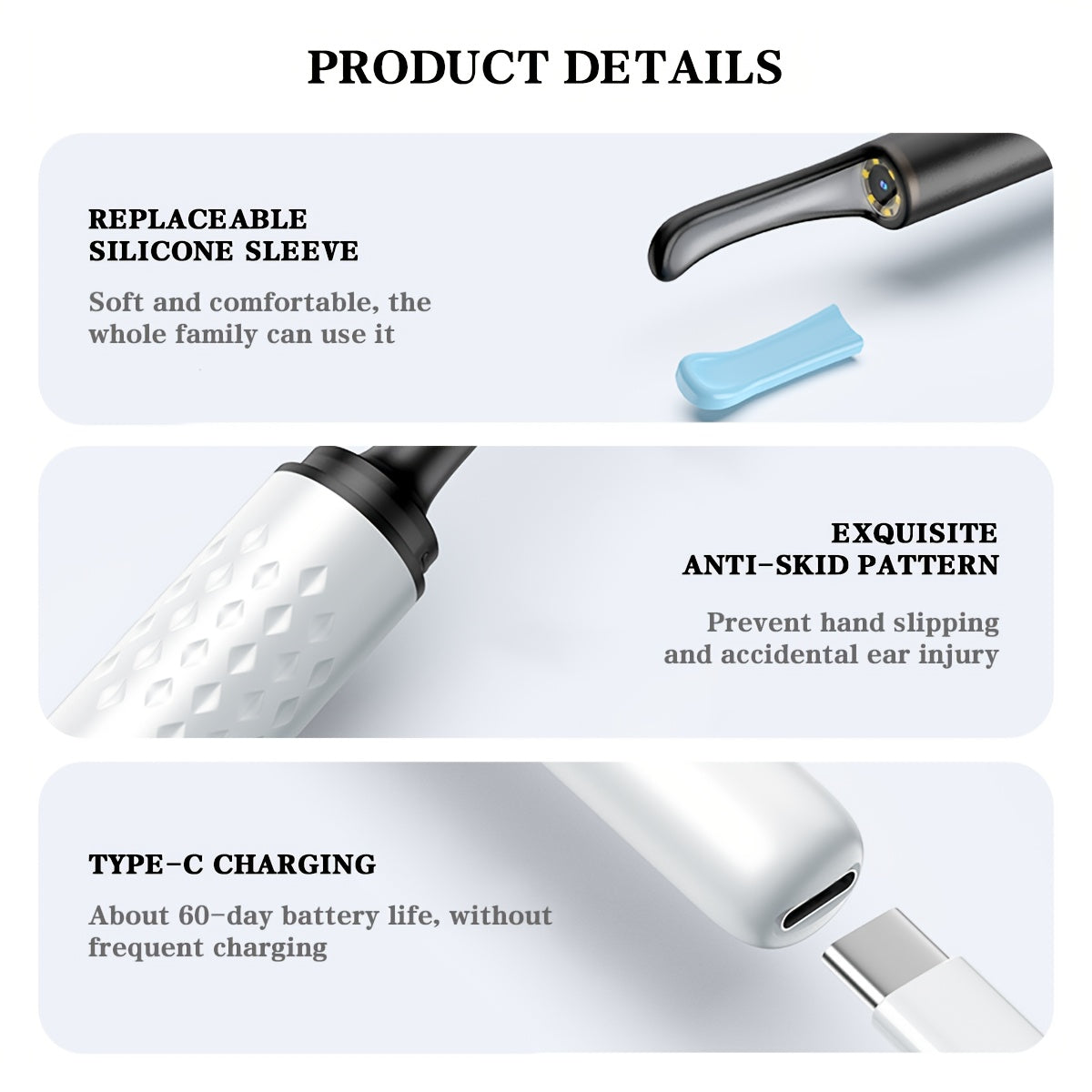 Katta yoshdagilar uchun kamera, yorug'lik va 4 ta uchi bo'lgan quloq mumini olib tashlash vositasi.