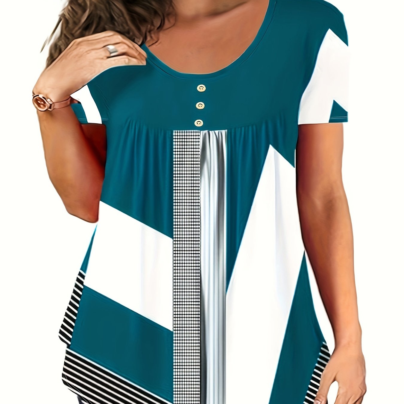 Plus o'lchamdagi kundalik T-shirt ayollar uchun rang-barang nuqta chiziqli qisqa ko'ylakli, dumaloq bo'yinli