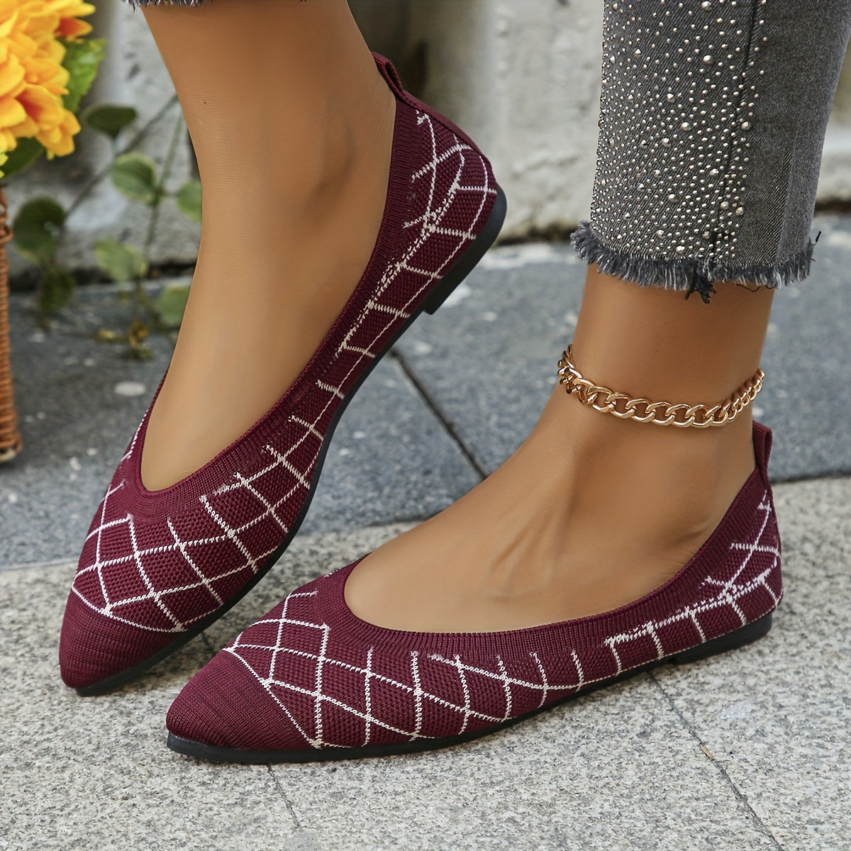 Zapatos planos de temporada completa con estampado de cuadros, bordados y punta afilada, sin cordones