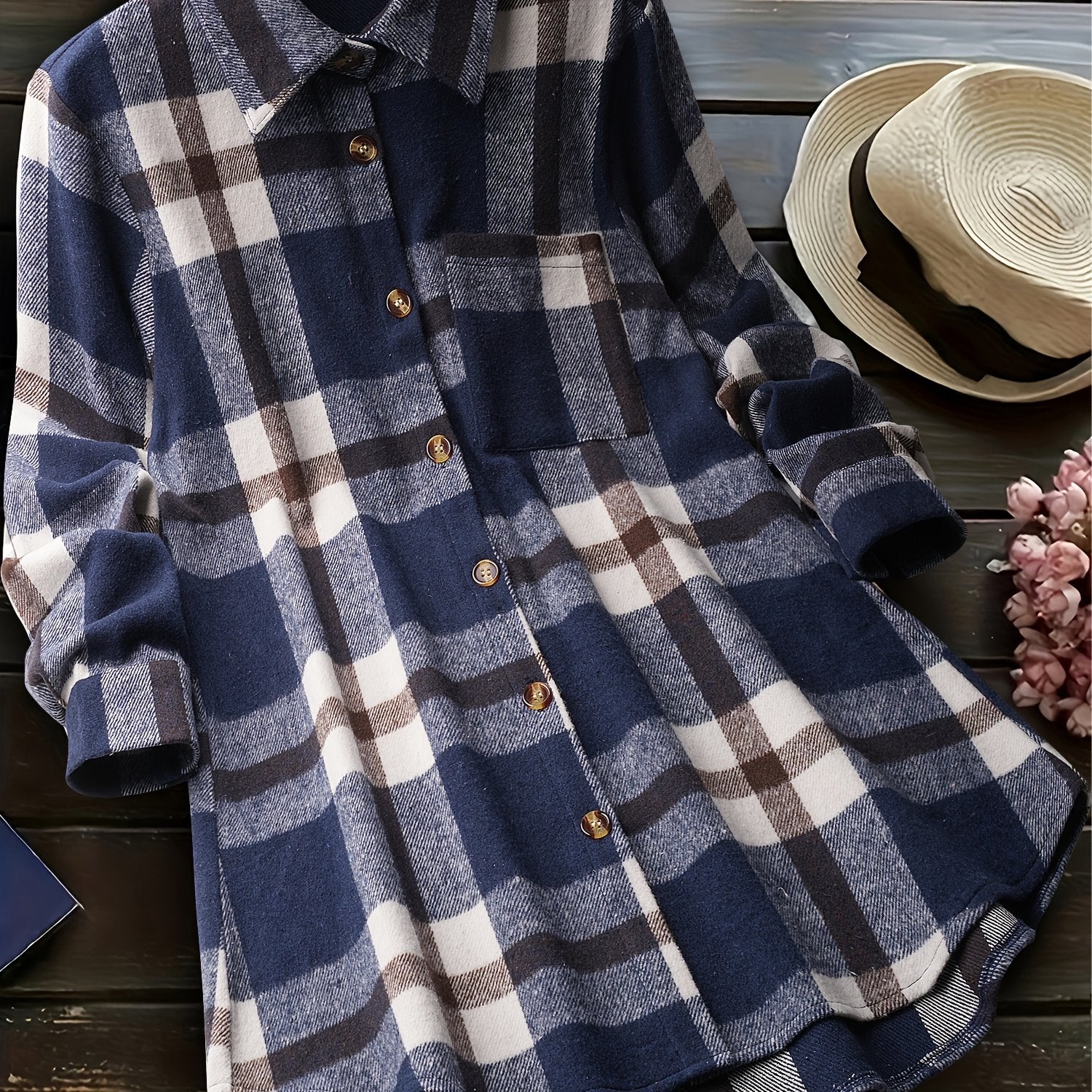 Блузка для женщин больших размеров в повседневном стиле с клетчатым принтом коричневого и белого цветов, с длинными рукавами, на пуговицах, для всех сезонов