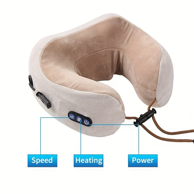 Portable Electric Neck Massager with Heat U-Shaped Heated Massage Pillow Memory Foam Rechargeable Battery for Travel Office Home