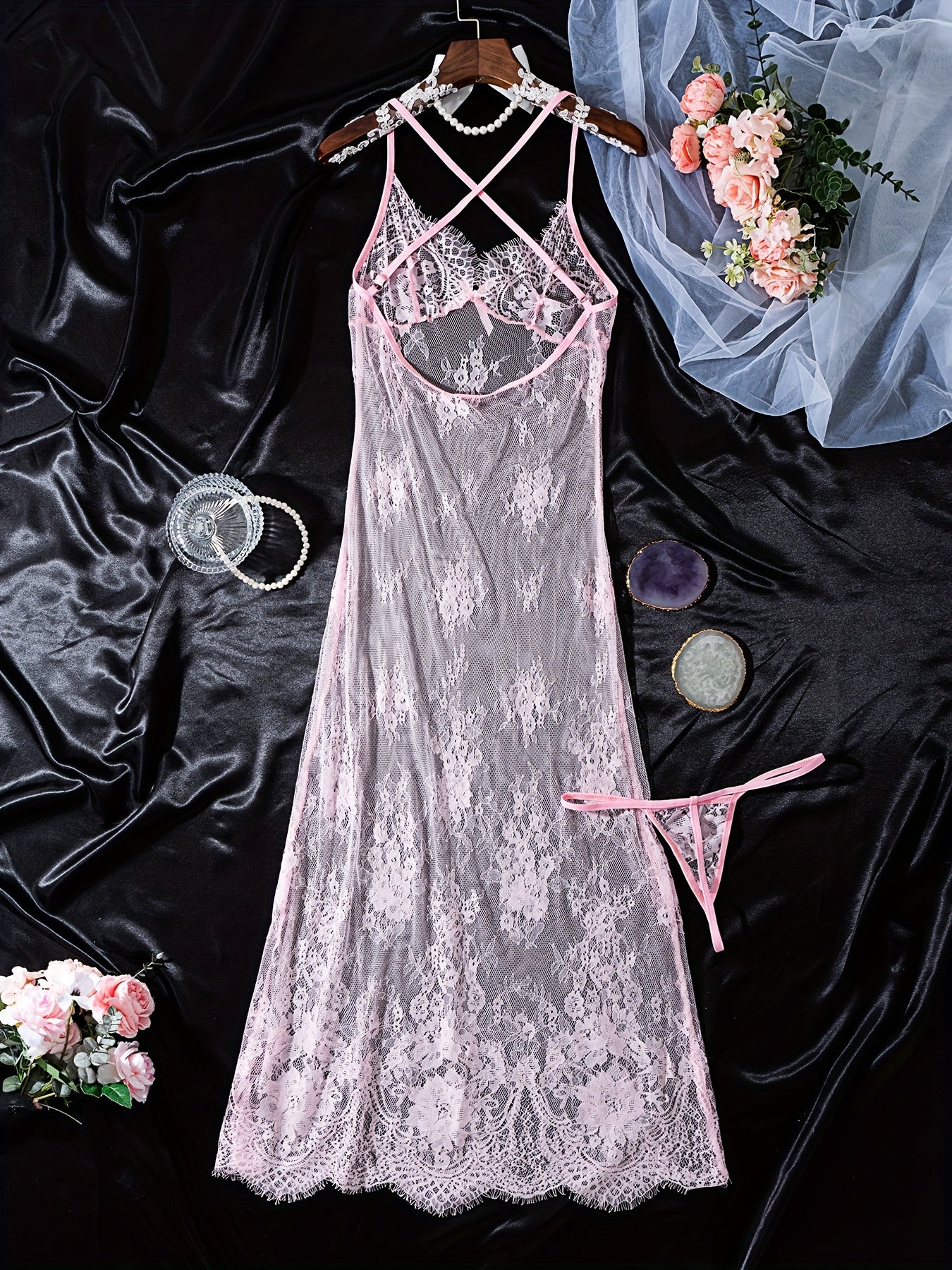 Women's Lace Dress with Deep V Back and See-Through Design