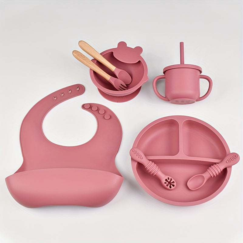 Juego de vajilla de silicona para niños pequeños, 8 piezas, incluye plato, cuenco, cuchara, tenedor, pajita, taza, babero, libre de BPA, no tóxico, apto para lavavajillas, para edades de 0 a 3 años